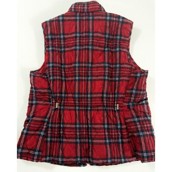 Red Tartan Plaid Quilted Puffer Vest | Classic Preppy Holiday Layer Large - Picture 2 of 9